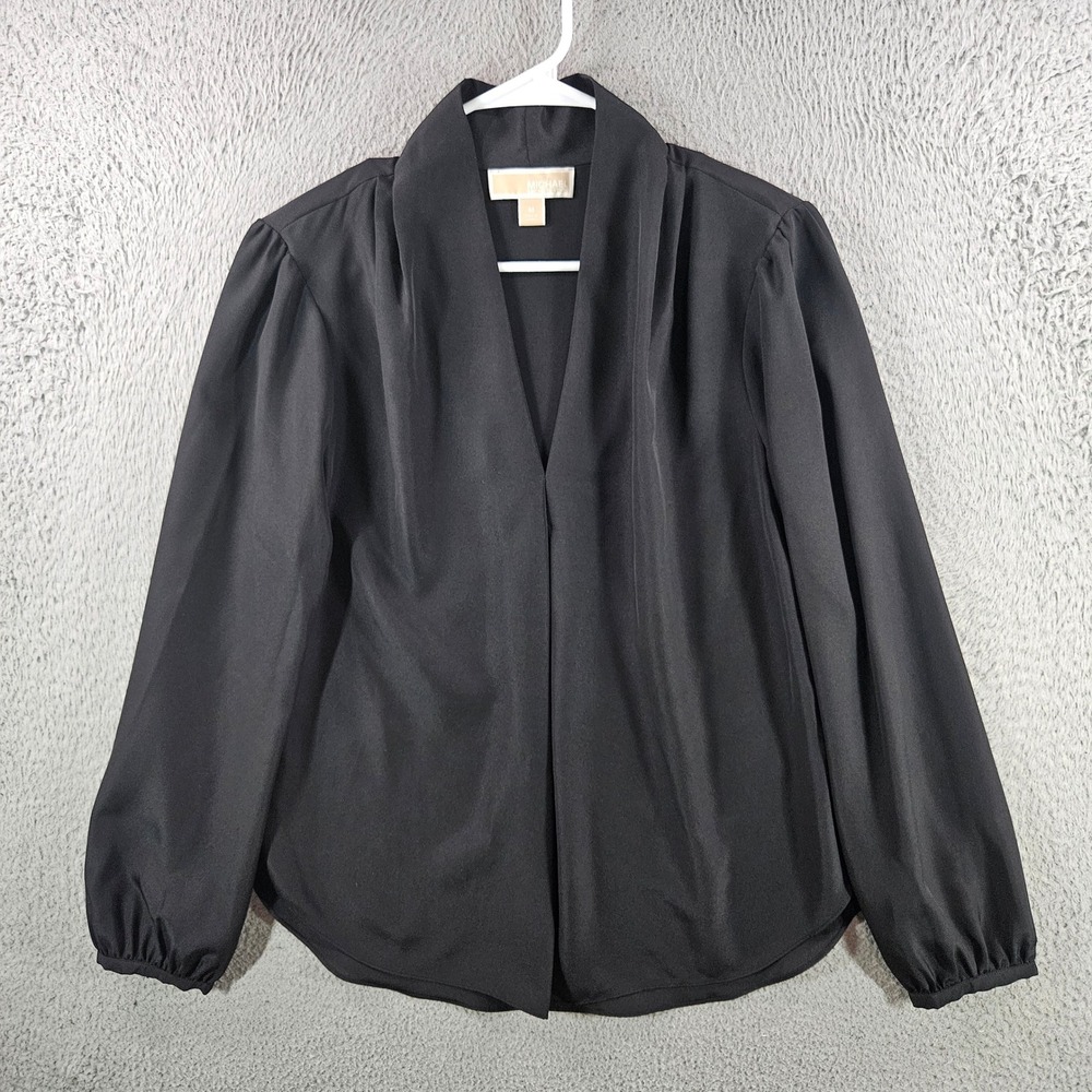 Michael Kors Womens Black Draped Shawl Collar V-Neck Blouse Top Sz M Long Sleeve